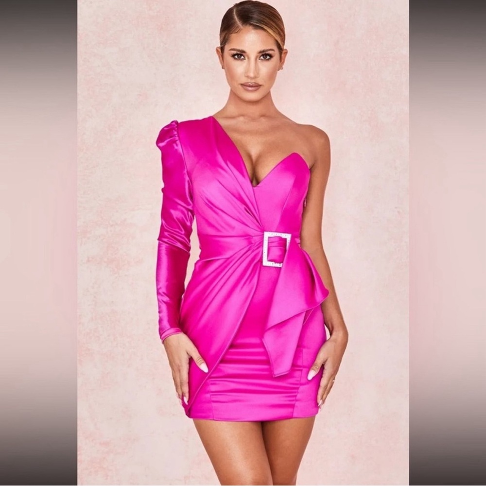 HOUSE OF CB asymmetric draped satin mini dress